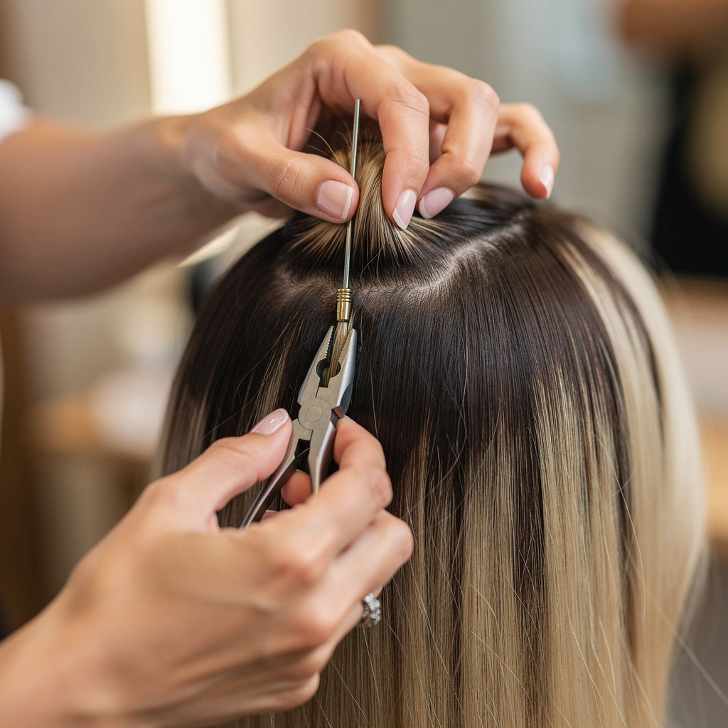 Kimberly's Wigs and Salon expert stylist fitting natural human hair extensions for a client in Santa Barbara