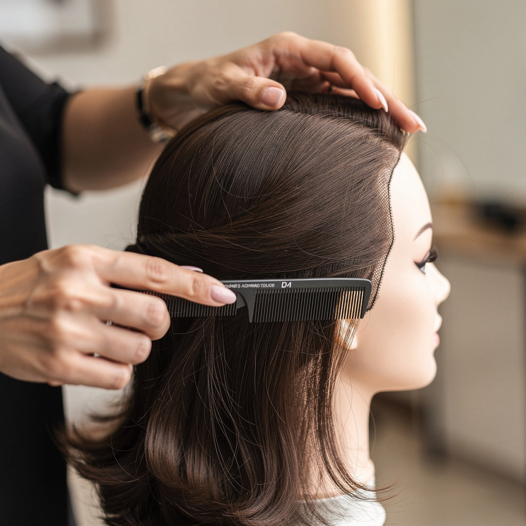 Kimberly's Wigs and Salon expert stylist consulting on human hair extensions and custom hair replacement solutions in Santa Barbara