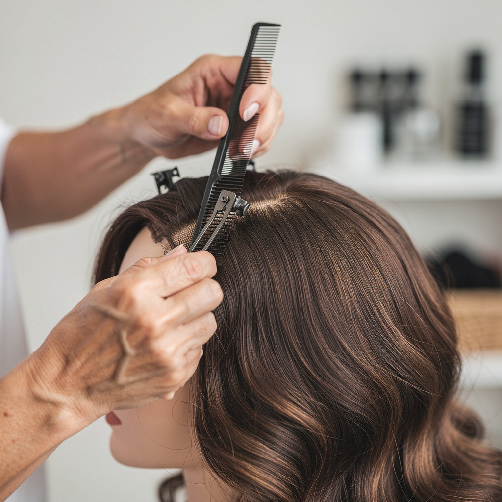 Kimberly's Wigs and Salon expert stylist providing a personalized hair replacement consultation in Santa Barbara